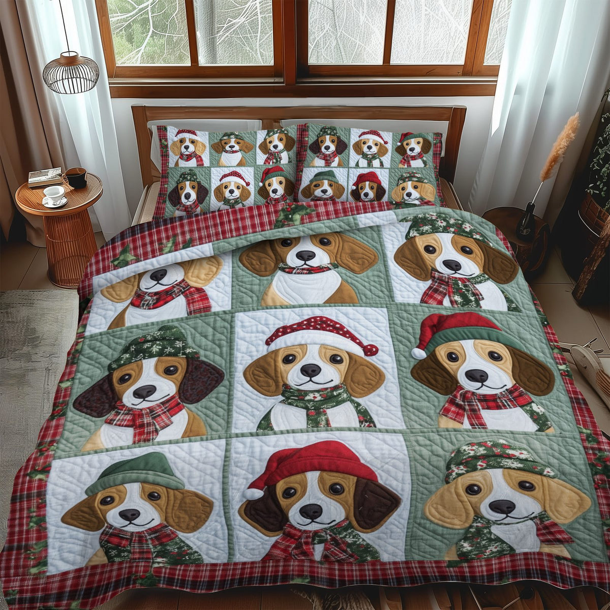 Beagle Candy Cane Dreams quilted 3-piece bedding set on a made bed with two matching pillow shams