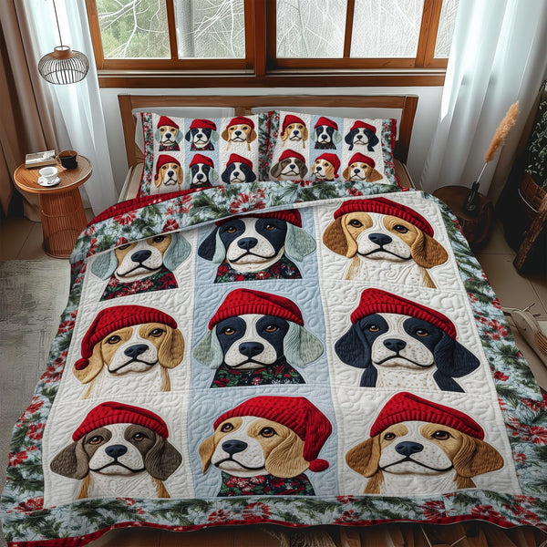Beagle Christmas Cuddles quilted 3-piece bedding set on a made bed in a winter-styled bedroom