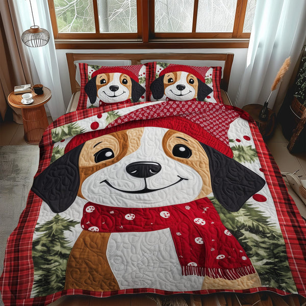 Beagle Christmas Magic quilted 3-piece bedding set on a made bed in a winter-styled bedroom