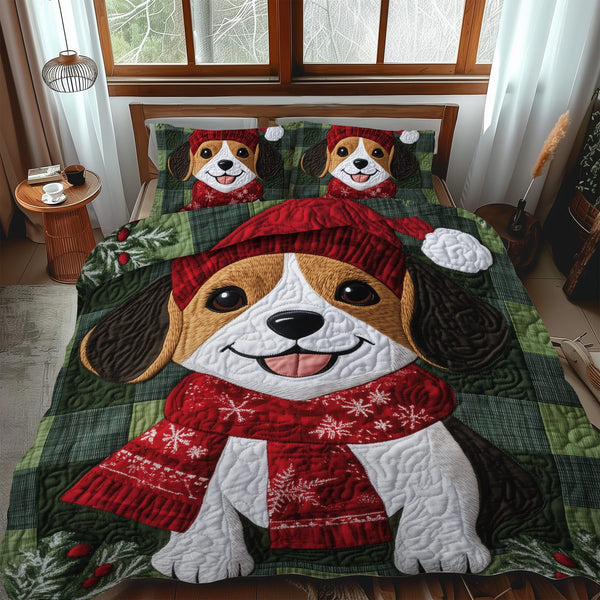 Beagle Christmas Tree Snuggle quilted 3-piece bedding set on a made bed in a winter-styled bedroom