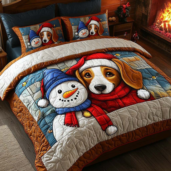 Beagle Fireside Noel quilted 3-piece bedding set on a made bed in a winter-styled bedroom