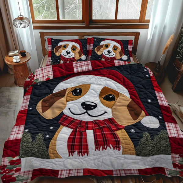 Beagle Frosty Fun quilted 3-piece bedding set on a made bed in a winter-styled bedroom
