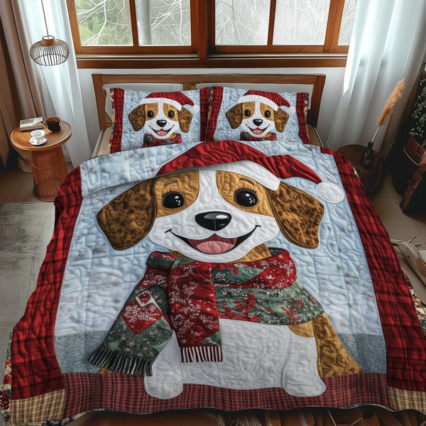 Beagle Holiday Joy quilted 3-piece bedding set on a made bed in a winter-styled bedroom