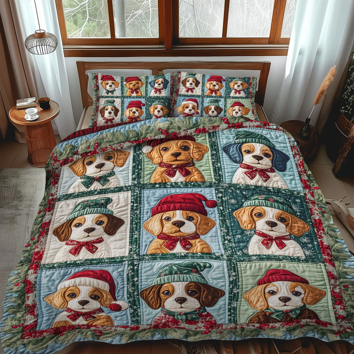 Beagle Noel Night quilted 3-piece bedding set on a made bed in a winter-styled bedroom