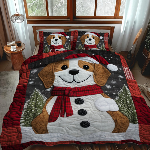 Beagle Winter Wishes quilted 3-piece bedding set on a made bed in a winter-styled bedroom