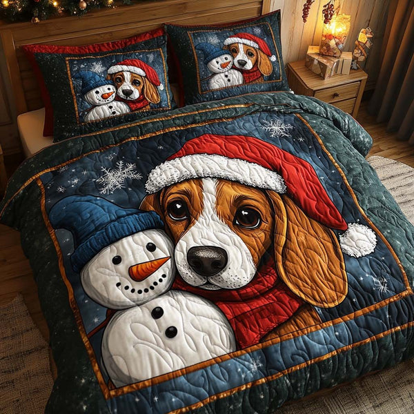 Beagle With Snowman quilted 3-piece bedding set on a made bed in a winter-styled bedroom