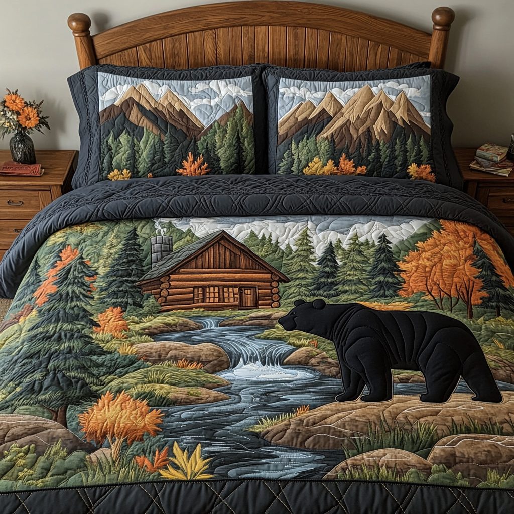 Bear Adventure quilted 3-piece bedding set on a made bed in a winter-styled bedroom
