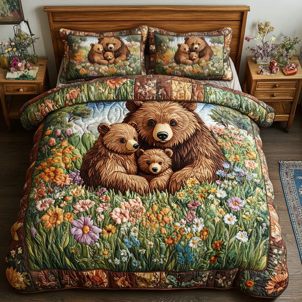 Bear Adventures quilted 3-piece bedding set on a made bed in a winter-styled bedroom