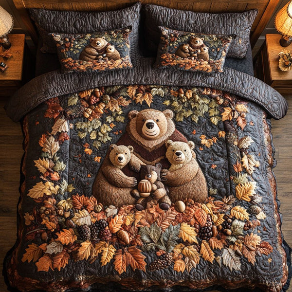 Bear Among the Leaves quilted 3-piece bedding set on a made bed with two matching pillow shams