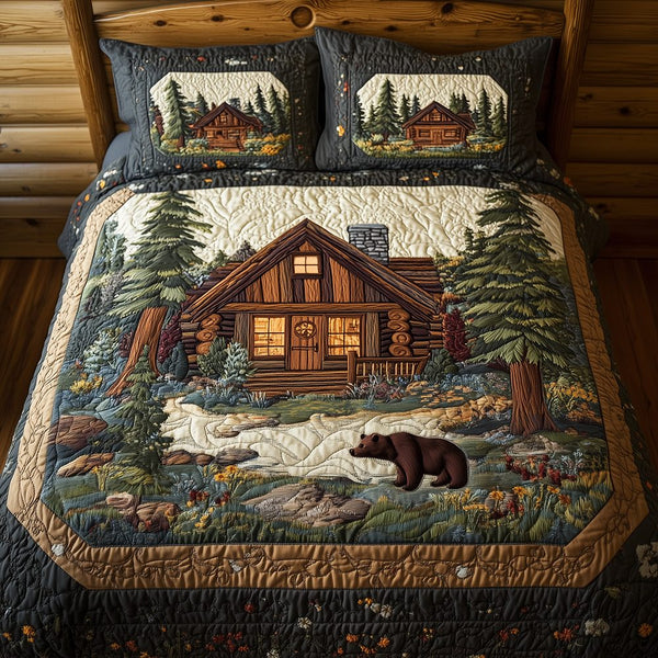 Bear and Cabin quilted 3-piece bedding set on a made bed with two matching pillow shams