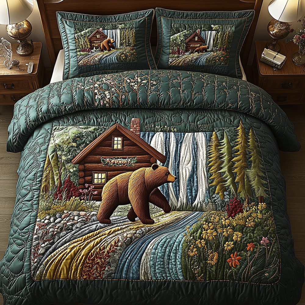 Bear and Cabin quilted 3-piece bedding set on a made bed with two matching pillow shams
