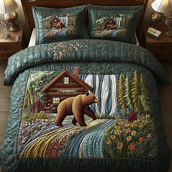 Bear and Cabin quilted 3-piece bedding set on a made bed with two matching pillow shams