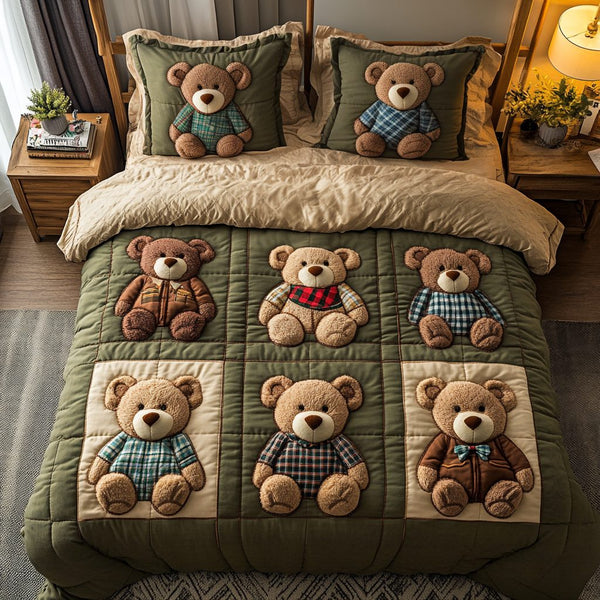 Bear Bliss quilted 3-piece bedding set on a made bed with two matching pillow shams