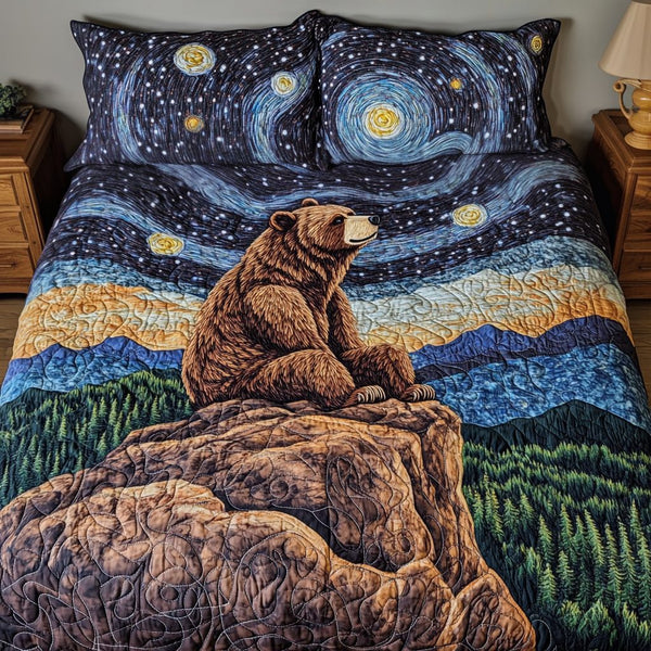 Bear Bliss quilted 3-piece bedding set on a made bed with two matching pillow shams