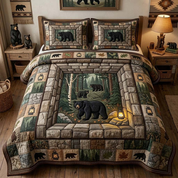 Bear Cave Passage quilted 3-piece bedding set on a made bed with two matching pillow shams
