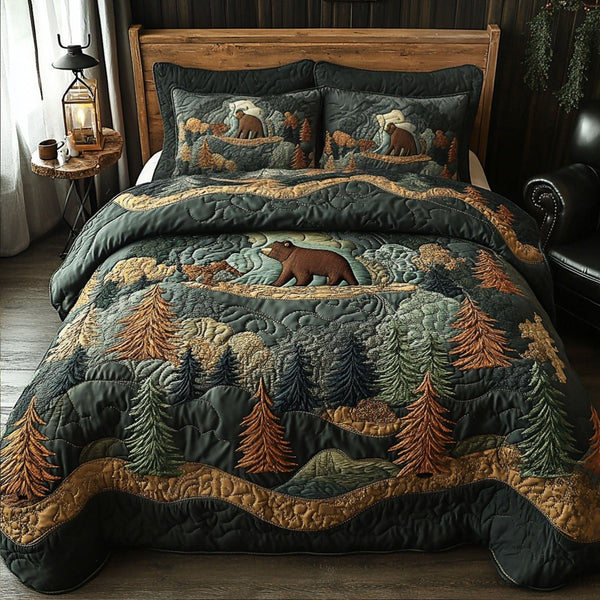 Bear Country Dreams quilted 3-piece bedding set on a made bed in a farmhouse bedroom