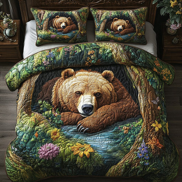 Bear Country quilted 3-piece bedding set on a made bed in a farmhouse bedroom