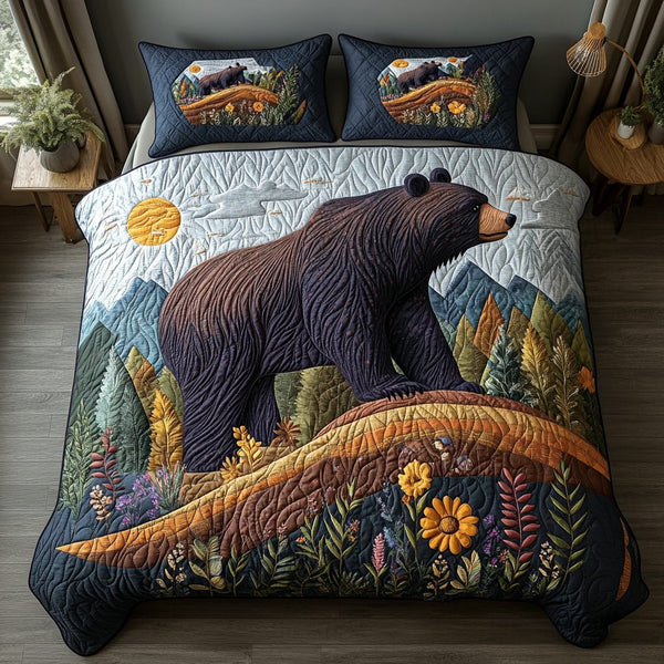 Bear Country quilted 3-piece bedding set on a made bed in a farmhouse bedroom
