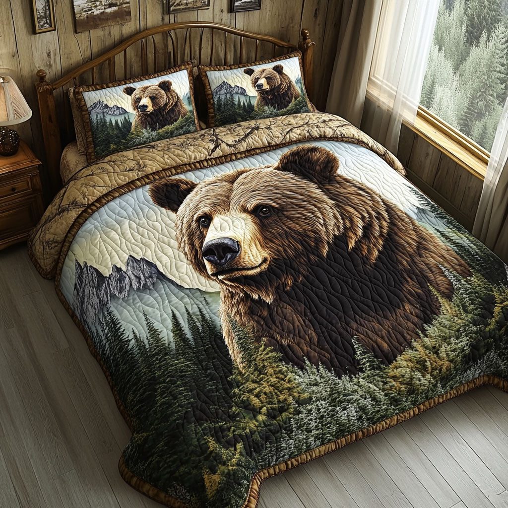 Bear Den Bliss quilted 3-piece bedding set on a made bed with two matching pillow shams