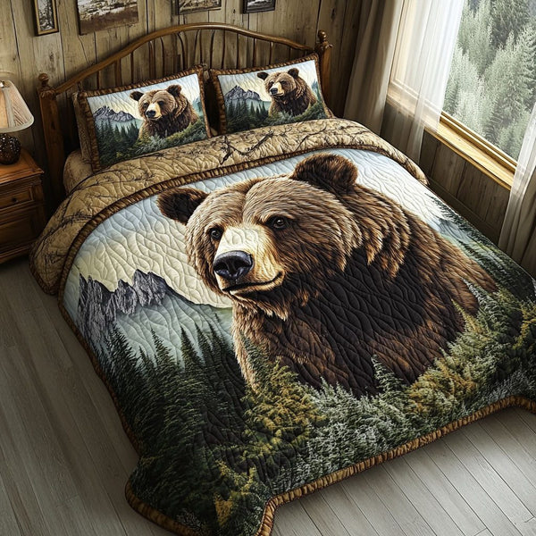 Bear Den Bliss quilted 3-piece bedding set on a made bed with two matching pillow shams