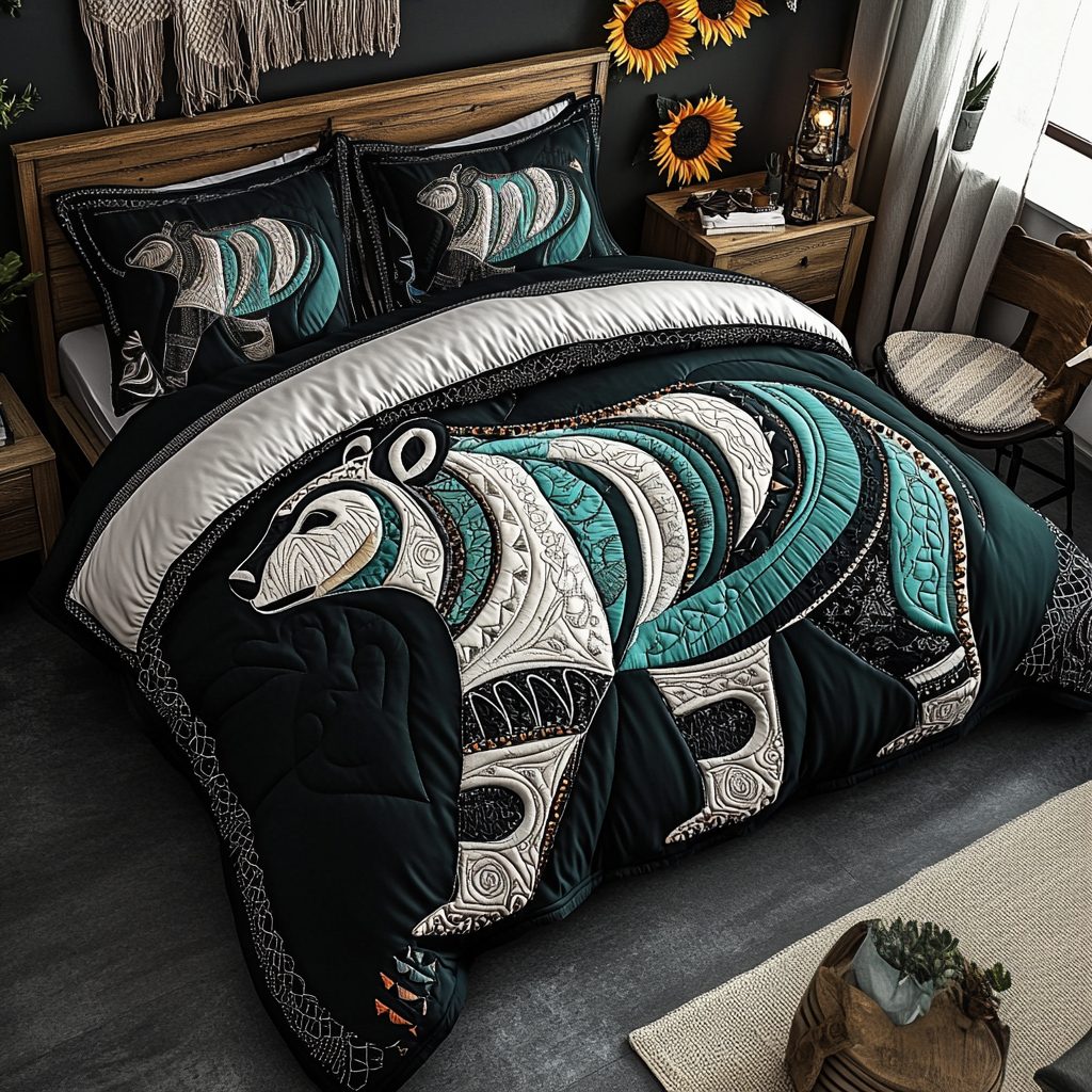 Bear Dream quilted 3-piece bedding set on a made bed with two matching pillow shams