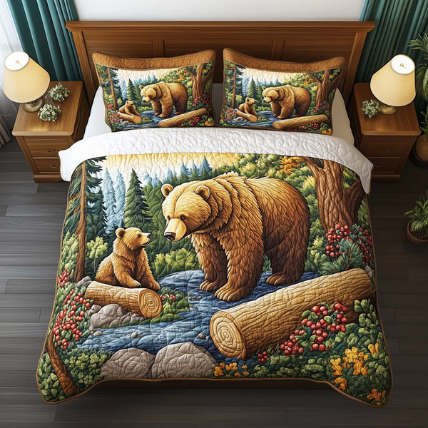 Bear Family quilted 3-piece bedding set on a made bed with two matching pillow shams