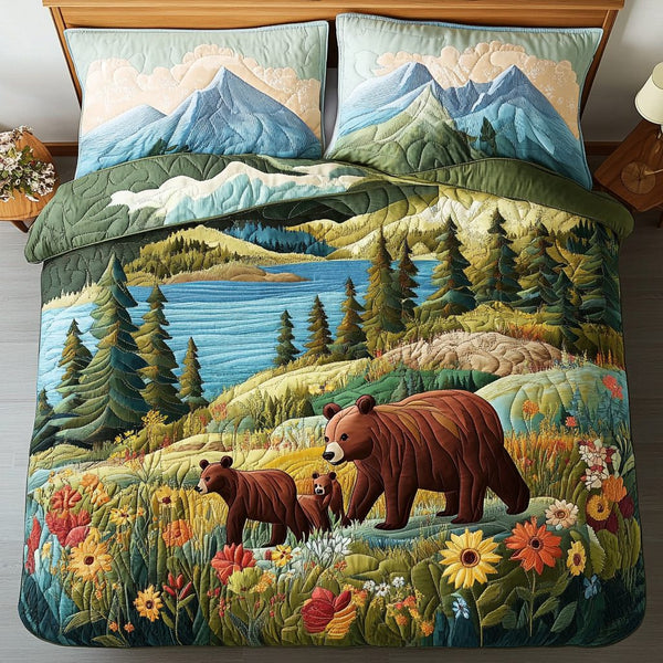Bear Family quilted 3-piece bedding set on a made bed with two matching pillow shams