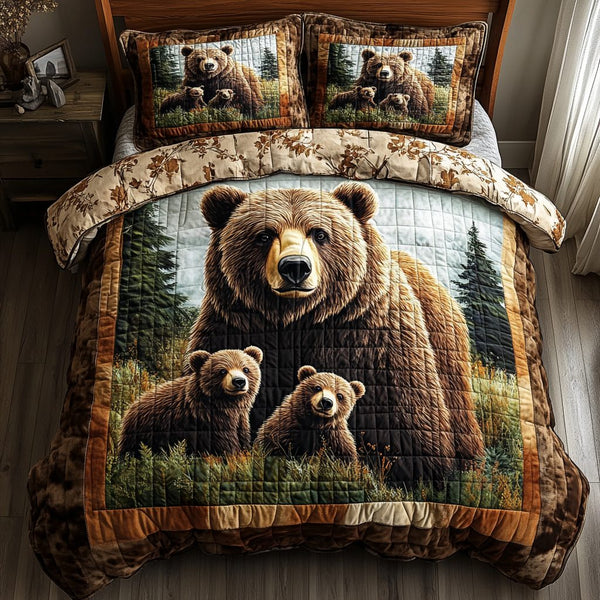 Bear Family quilted 3-piece bedding set on a made bed with two matching pillow shams
