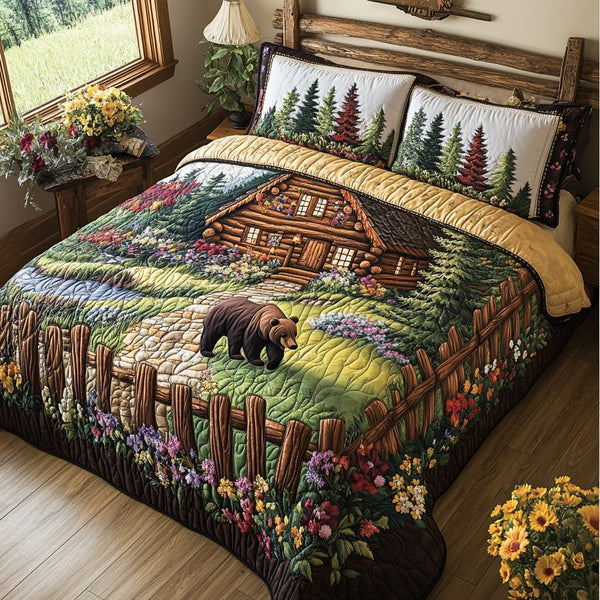 Bear Garden Cabin quilted 3-piece bedding set on a made bed with two matching pillow shams