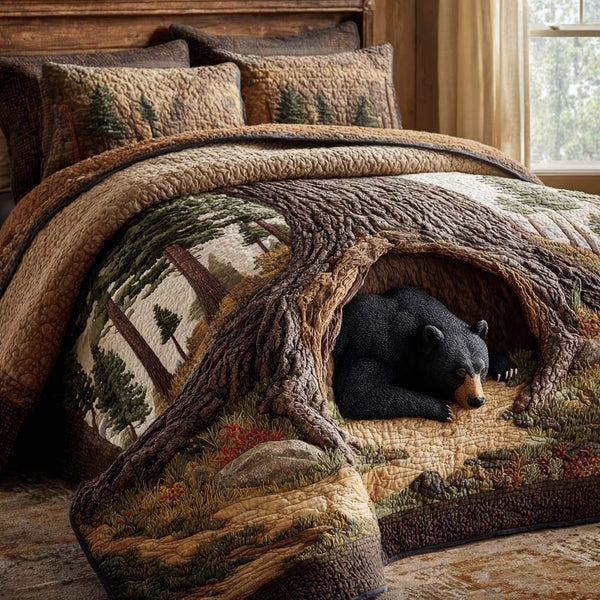 Bear Harmony quilted 3-piece bedding set on a made bed with two matching pillow shams