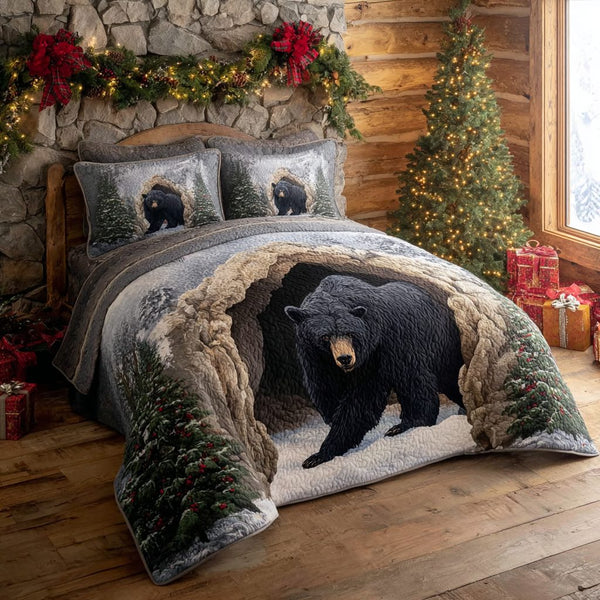 Bear Haven quilted 3-piece bedding set on a made bed with two matching pillow shams