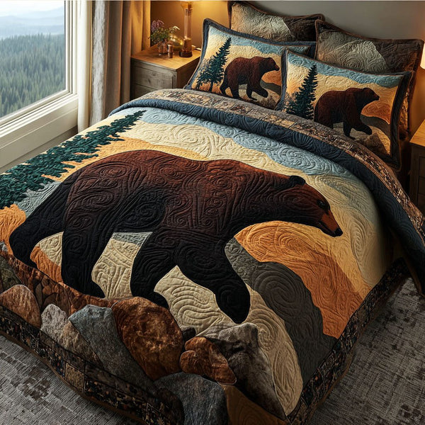 Bear Haven quilted 3-piece bedding set on a made bed with two matching pillow shams