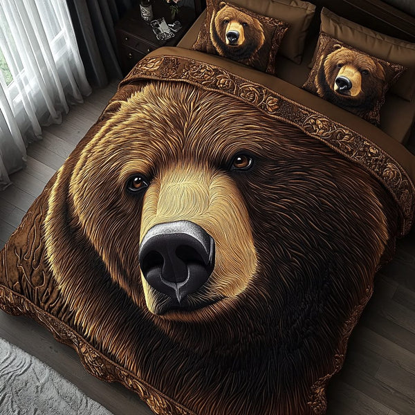 Bear Haven quilted 3-piece bedding set on a made bed with two matching pillow shams