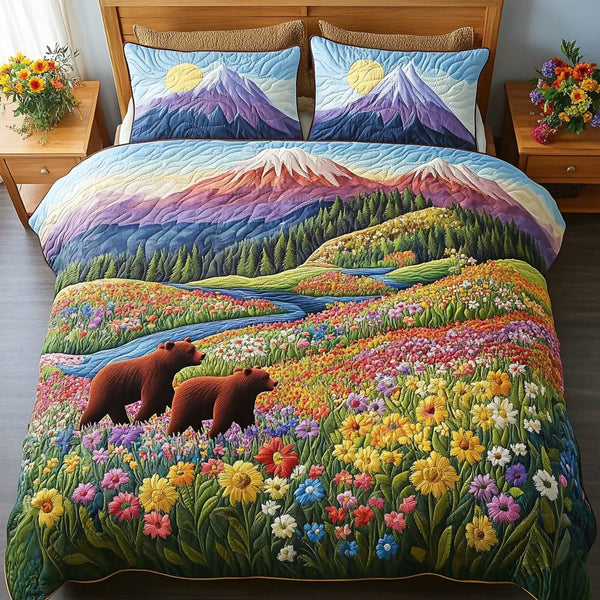 Bear Haven quilted 3-piece bedding set on a made bed with two matching pillow shams
