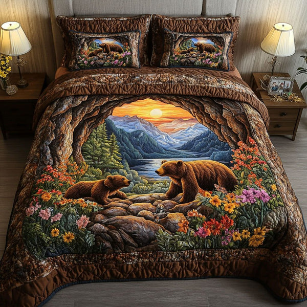 Bear Haven quilted 3-piece bedding set on a made bed with two matching pillow shams