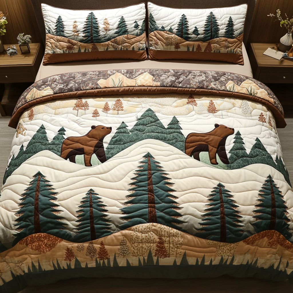 Bear Haven quilted 3-piece bedding set on a made bed with two matching pillow shams