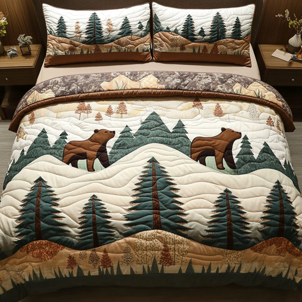 Bear Haven quilted 3-piece bedding set on a made bed with two matching pillow shams