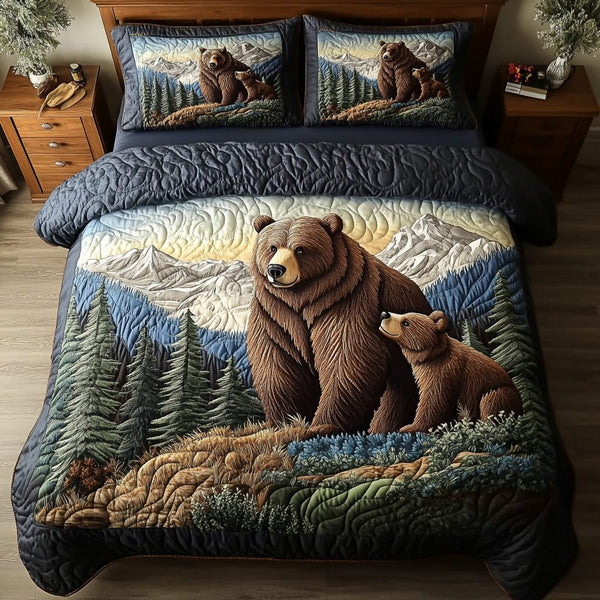 Bear Haven quilted 3-piece bedding set on a made bed with two matching pillow shams