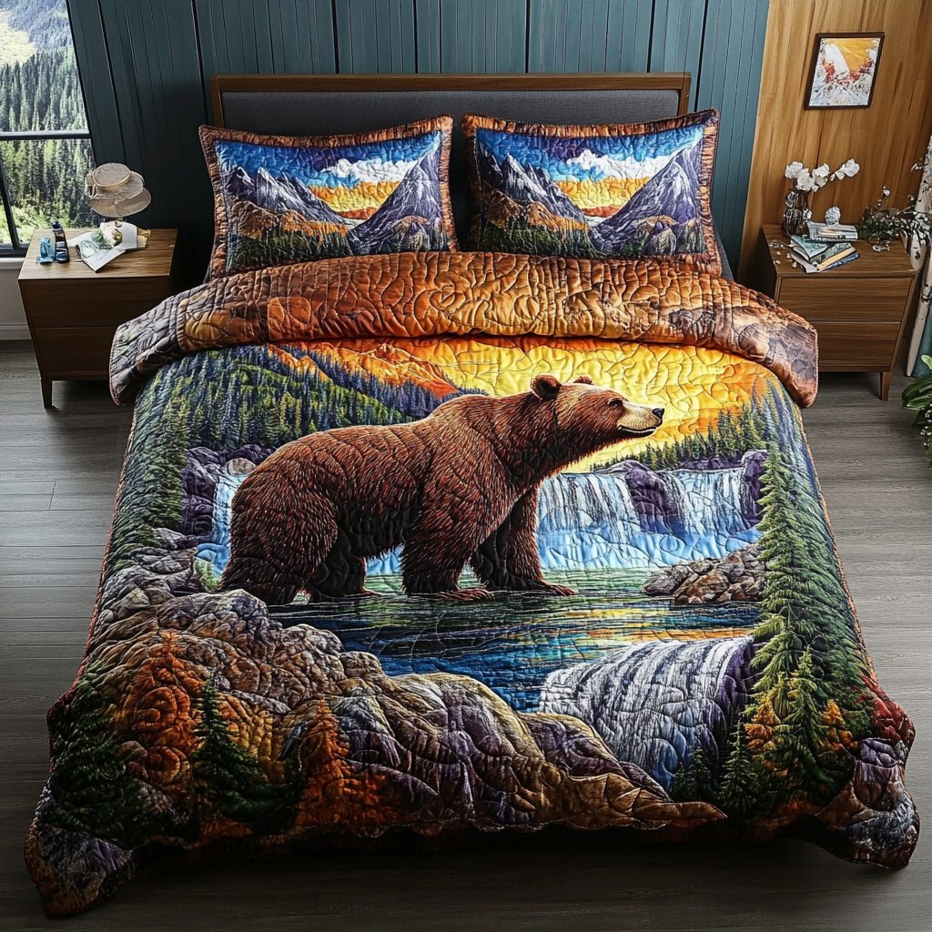Bear Hollow quilted 3-piece bedding set on a made bed with two matching pillow shams