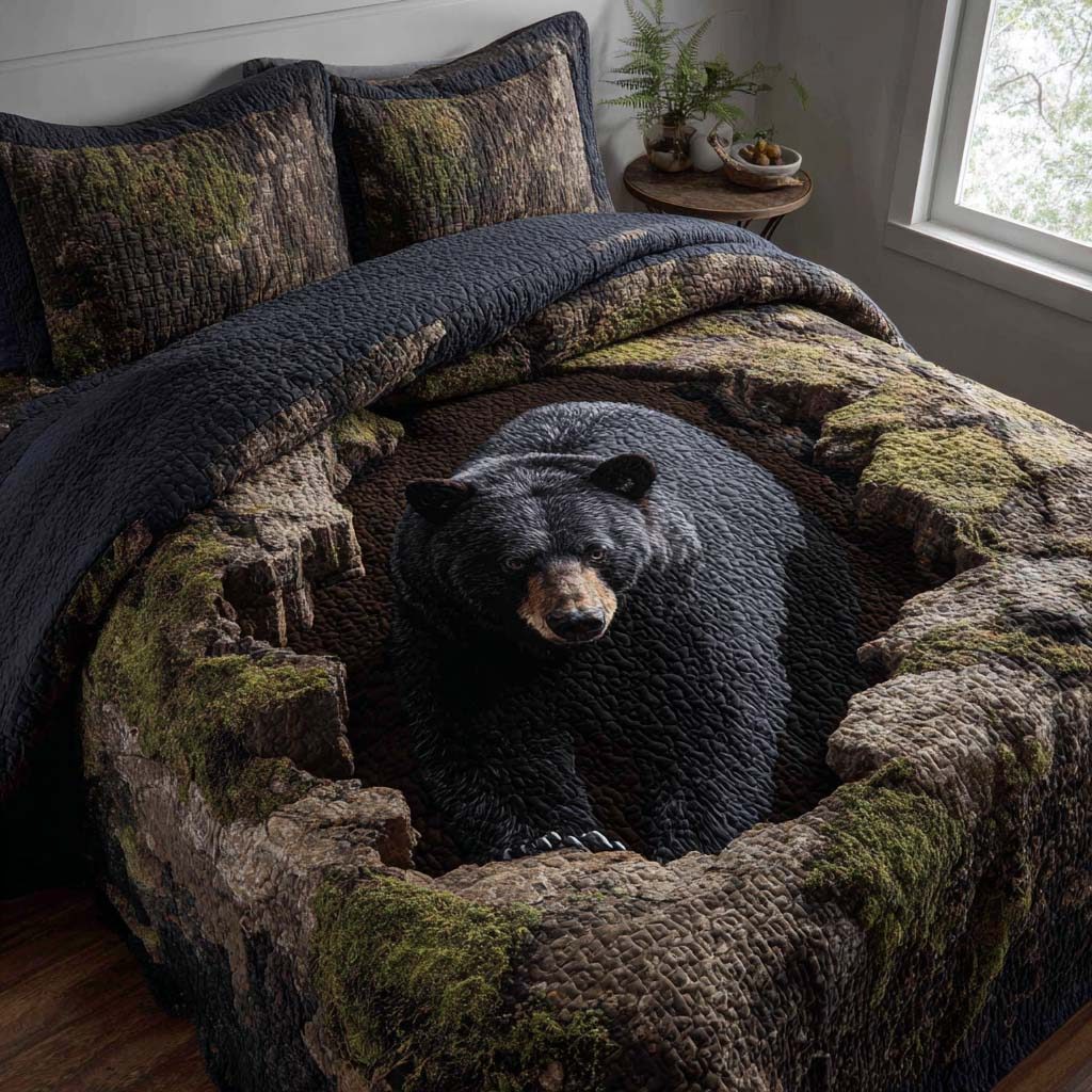 Bear Homestead quilted 3-piece bedding set on a made bed in a rustic timber bedroom