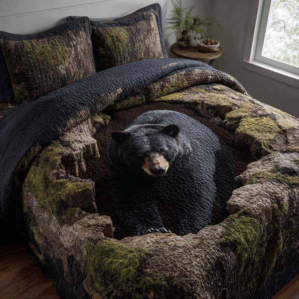 Bear Homestead quilted 3-piece bedding set on a made bed in a rustic timber bedroom