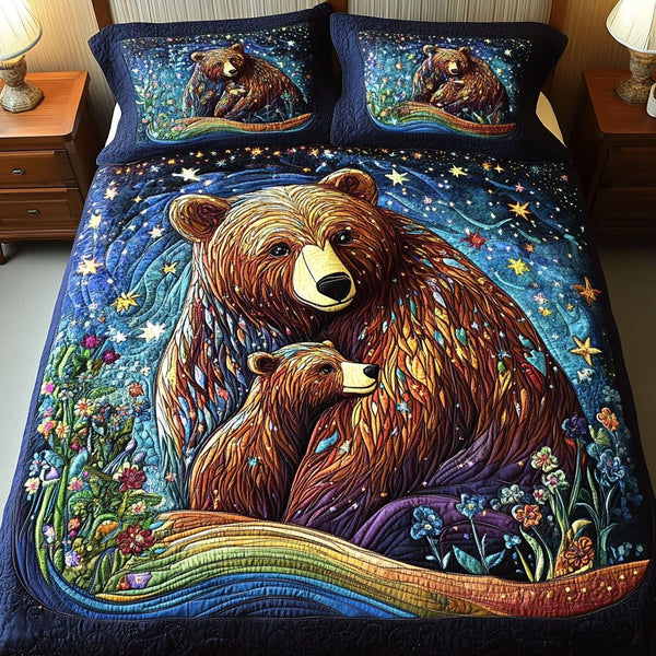Bear Hug Bond quilted 3-piece bedding set on a made bed with two matching pillow shams