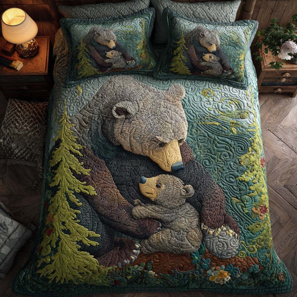 Bear Hug quilted 3-piece bedding set on a made bed with two matching pillow shams