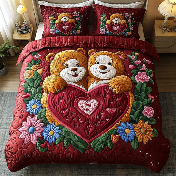 Bear Hugs And Roses quilted 3-piece bedding set on a made bed with two matching pillow shams
