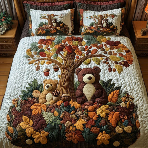 Bear in Autumn Woods quilted 3-piece bedding set on a made bed with two matching pillow shams