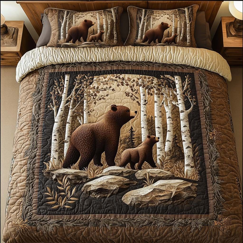 Bear Joy quilted 3-piece bedding set on a made bed with two matching pillow shams