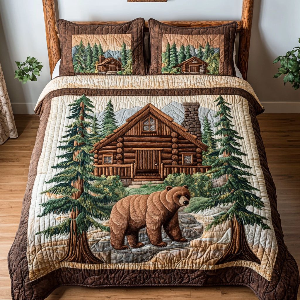 Bear Lodge quilted 3-piece bedding set on a made bed with two matching pillow shams