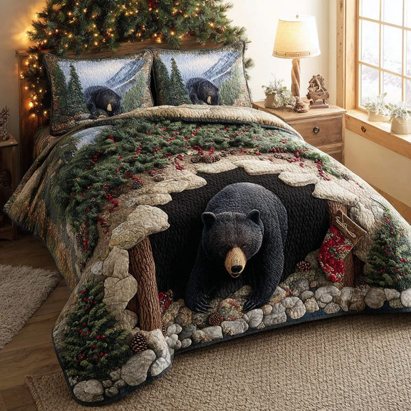 Bear Meadow quilted 3-piece bedding set on a made bed with two matching pillow shams
