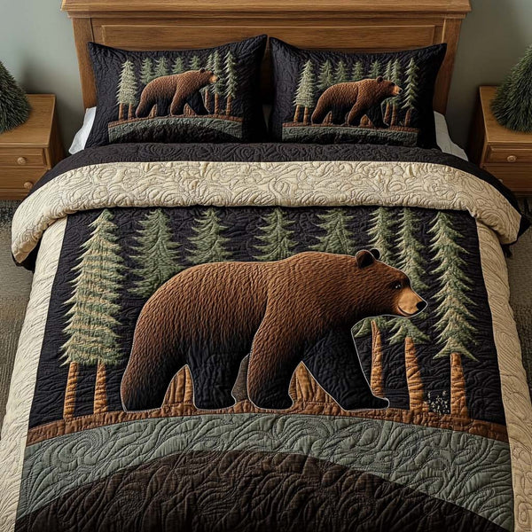 Bear Night quilted 3-piece bedding set on a made bed with two matching pillow shams