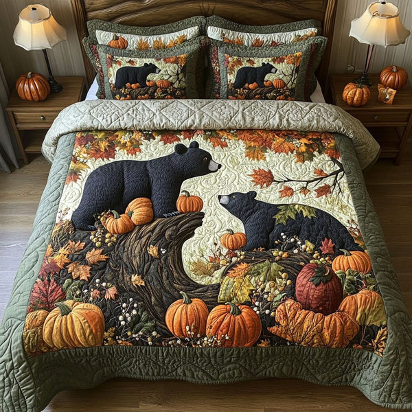 Bear on Fall Path quilted 3-piece bedding set on a made bed with two matching pillow shams